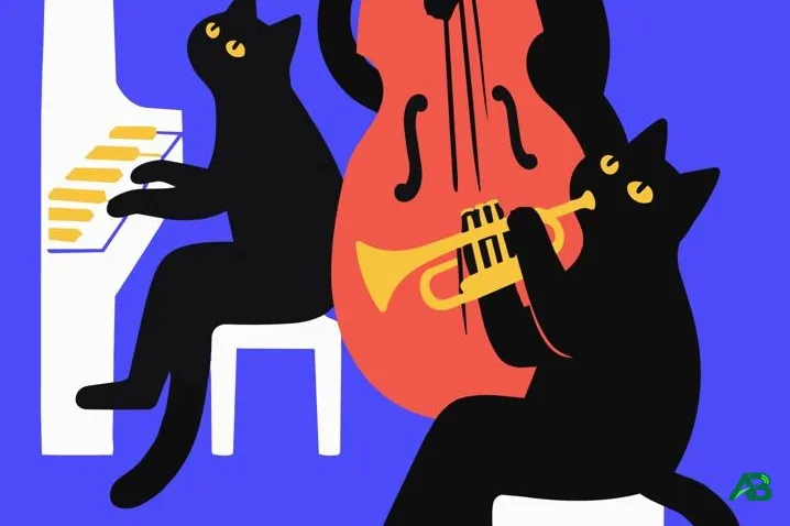 Piyano çalan ve trompet üfleyen siyah kedilerin yer aldığı renkli caz müzik illüstrasyonu.
