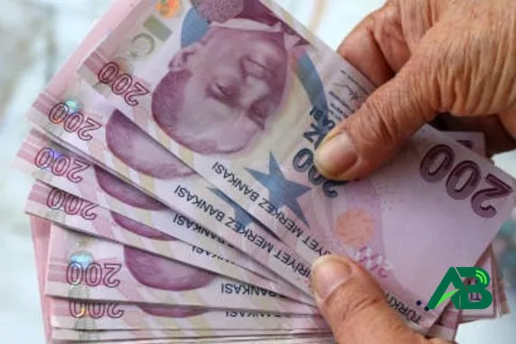 Elde tutulan yelpaze şeklinde dizilmiş 200 Türk lirası banknotlar.